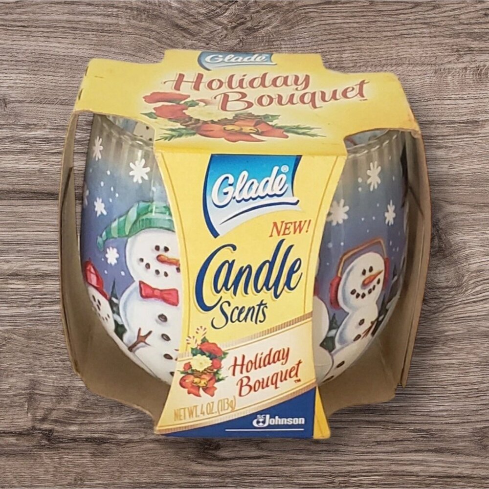 NEW 2001 Glade 4oz Candle Scents Holiday Bouquet Christmas Snowman Jar Gift Tag